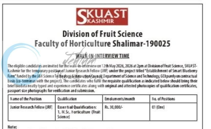 SKUAST Kashmir Division of Fruit Science JRF employement opportunities notice AU/DOFS/Acad/4278 2026