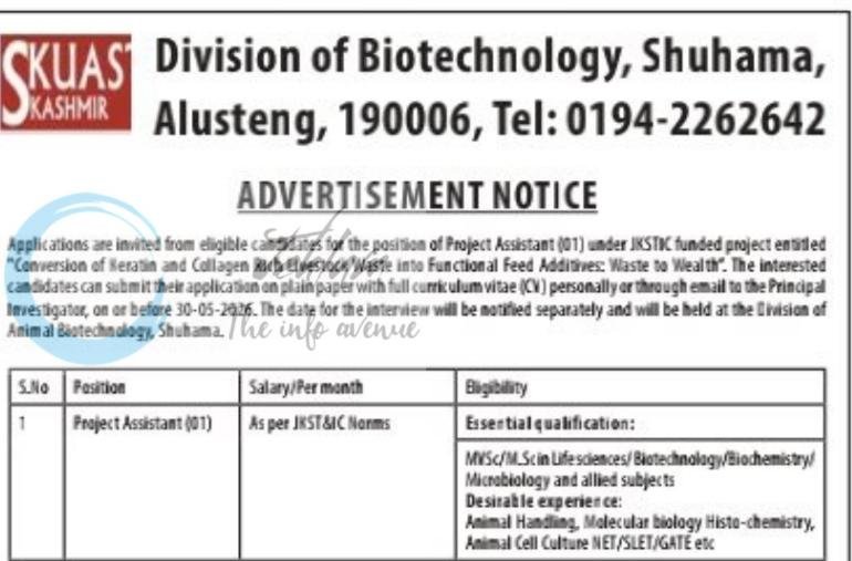 SKUAST-K Division of Biotechnology Shuhama Project Assistant job opportunities notice DIPK-NB-398-26