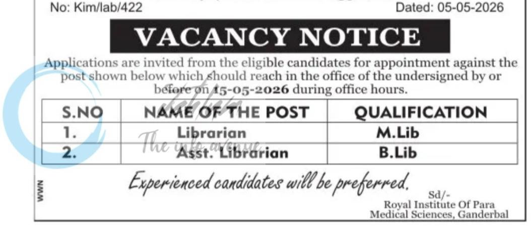 Royal Institute of Para Medical Sciences RIPMS Ganderbal Librarian Asst Librarian job opportunities Kim/lab/422 2026