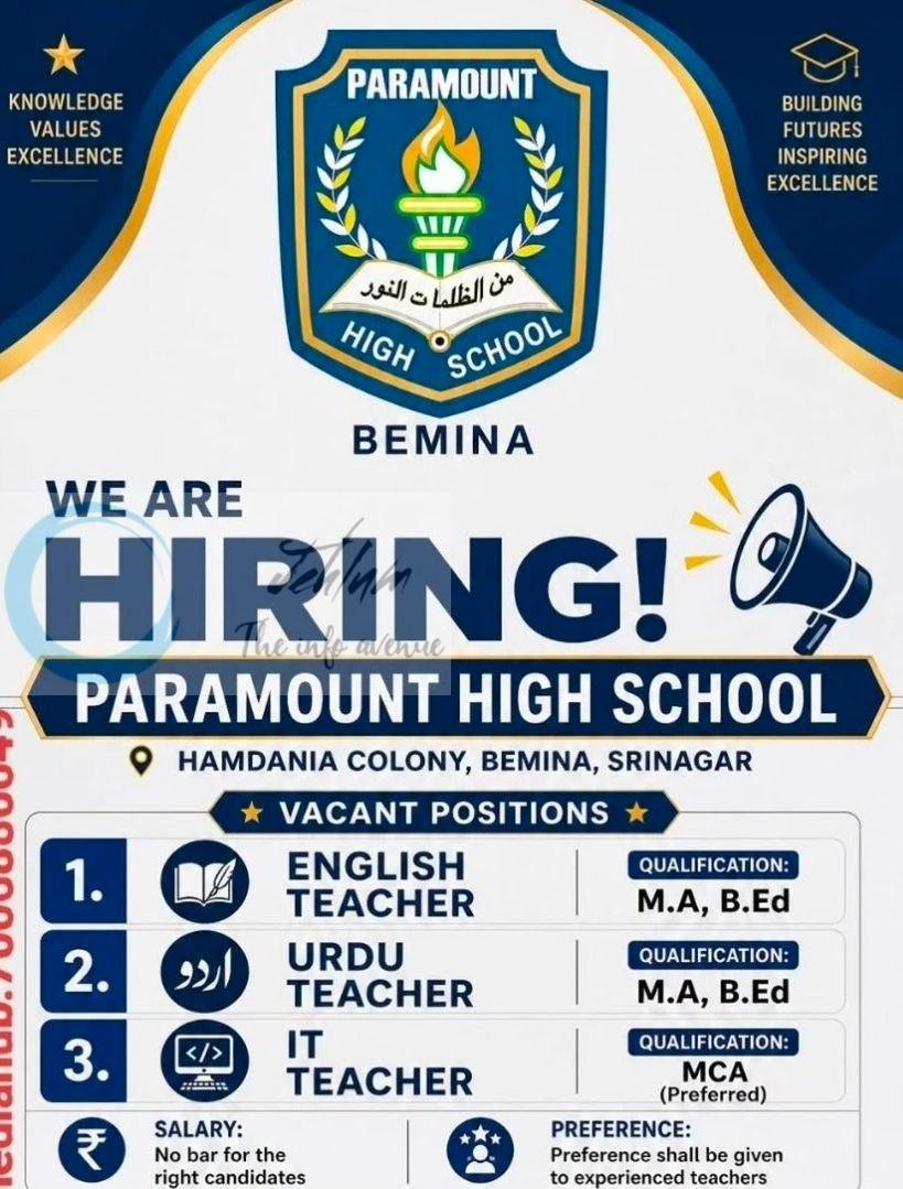Paramount High School Hamdania Colony Bemina Srinagar teaching job opportunities 2026