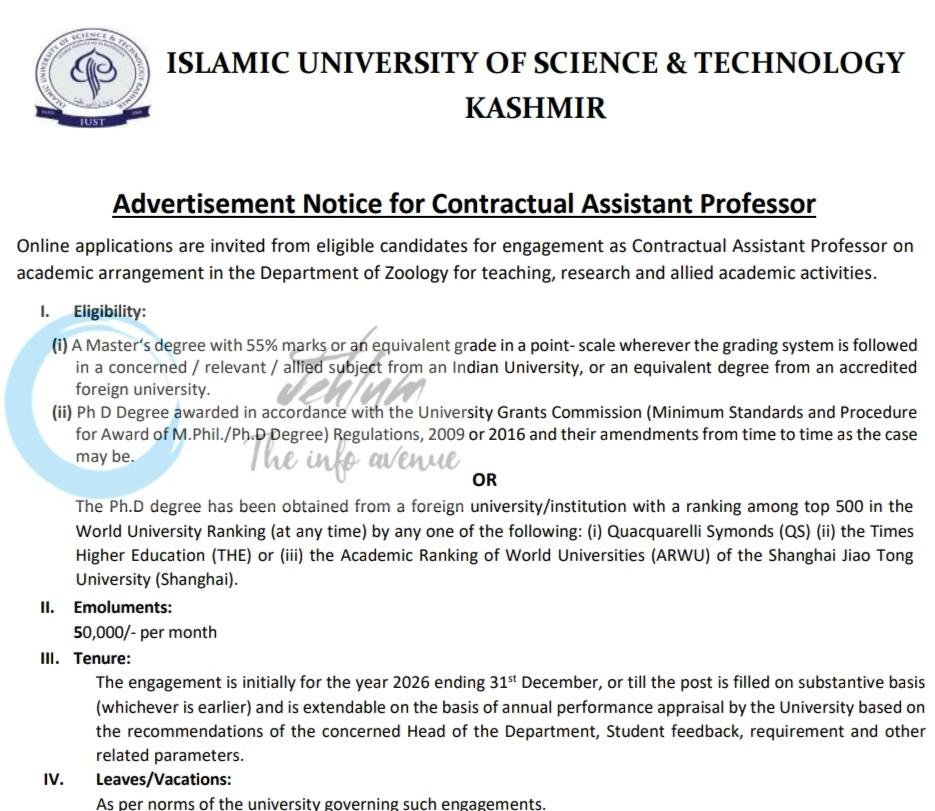 IUST awantipora Deptt of Zoology Assistant Professor employement opportunities notice IUST/Academics/26/837