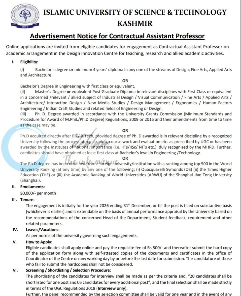 IUST Design Innovation Centre Kashmir Assistant Professor employment opportunities notice IUST/Academics/26/836