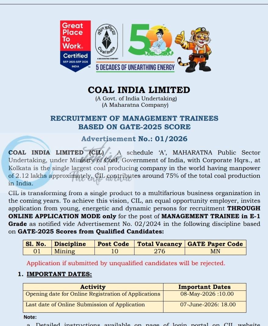 Coal India Limited CIL kolkata Mining job opportunities notice 01/2026