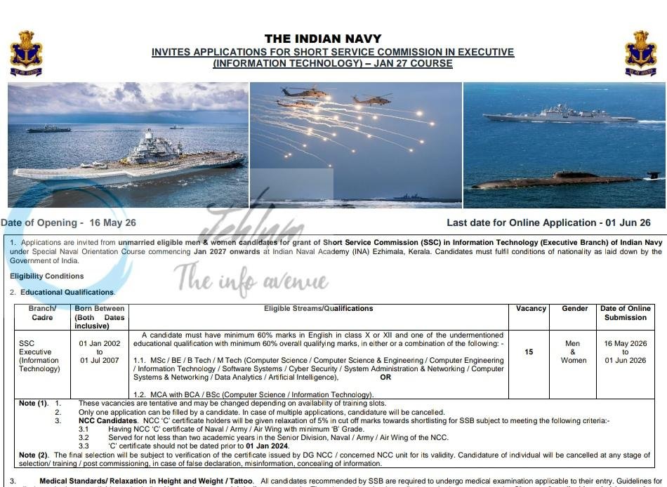 Indian Navy SSC Executive Information Technology job opportunities 2026