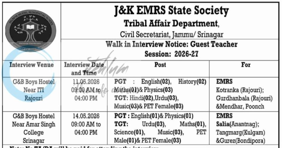 J&K EMRS State Society Tribal Affair Department Jammu/Srinagar Guest Teacher Walk-in-Interview Notification No DIP-J-1712