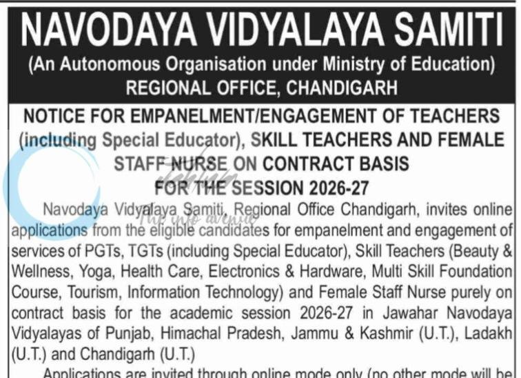 Navodaya Vidyalaya Samiti NVS PGT/TGT/Skill Teacher/Staff Nurse Contract Recruitment 2026