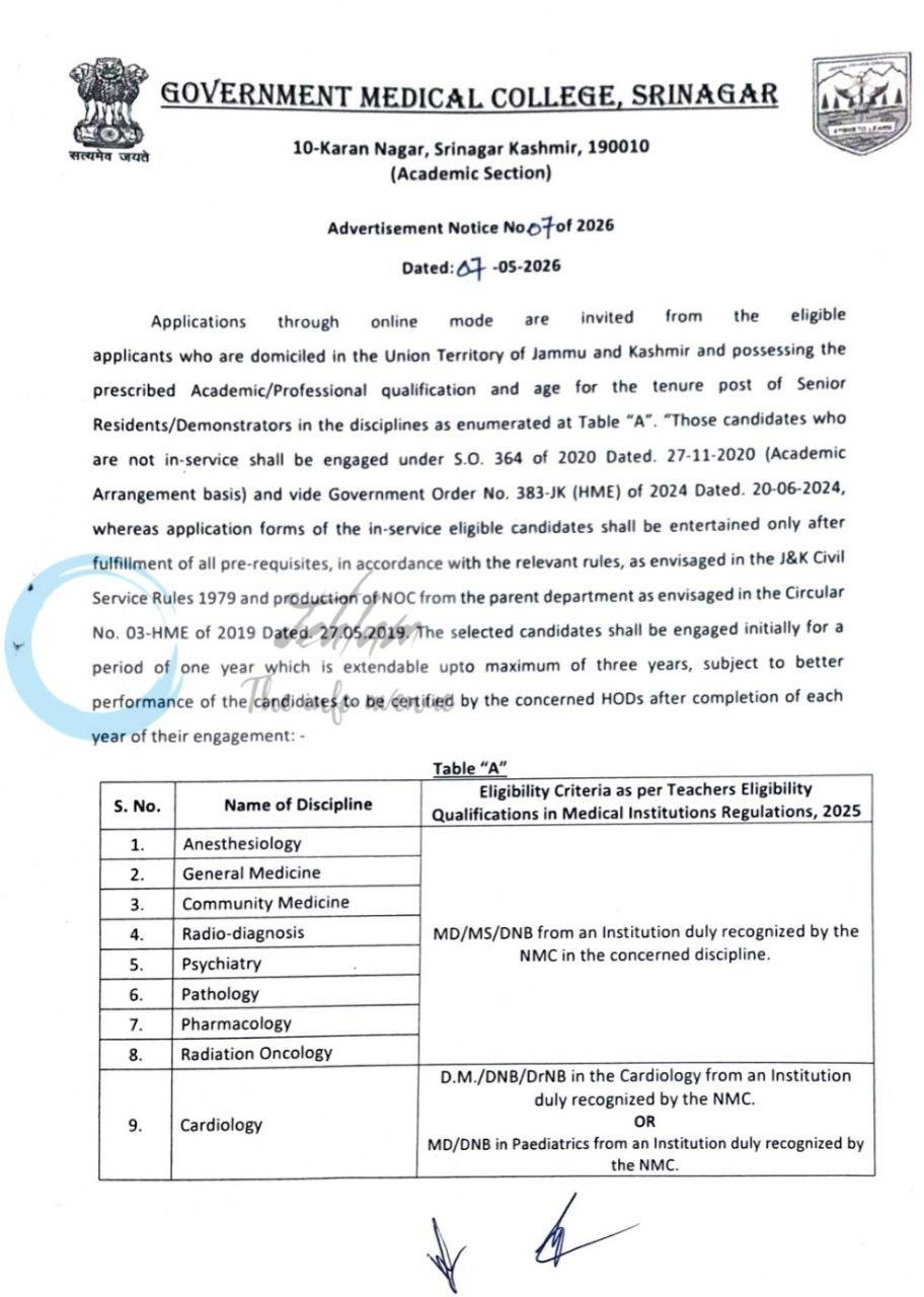 Government Medical College GMC Srinagar Senior Residents/Demonstrators job opportunities notice 07 of 2026
