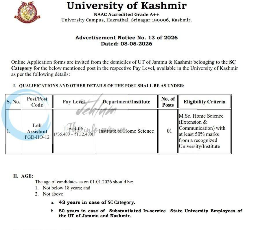 Kashmir University KU Lab Assistant job opportunities notice 13 of 2026