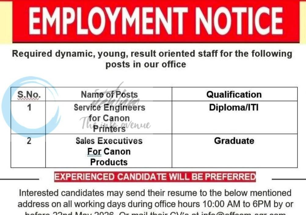 OFFCOM EQUIPMENTS Srinagar Service Engineers Sales Executives job opportunities 2026