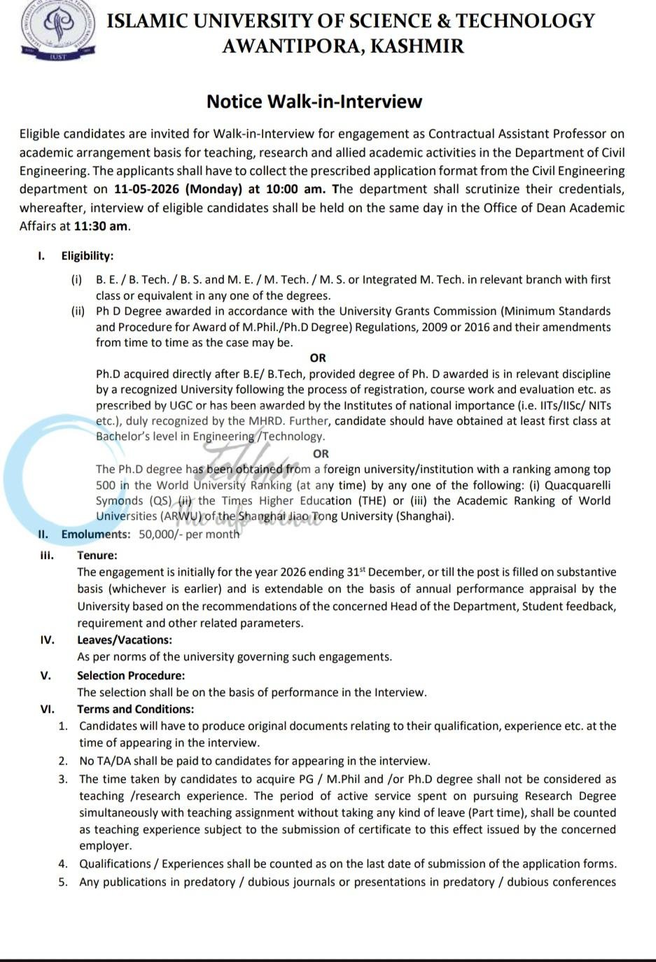 Islamic University of Science and Technology IUST Awantipora Assistant Professor job opportunities notice IUST/Academics/26/869