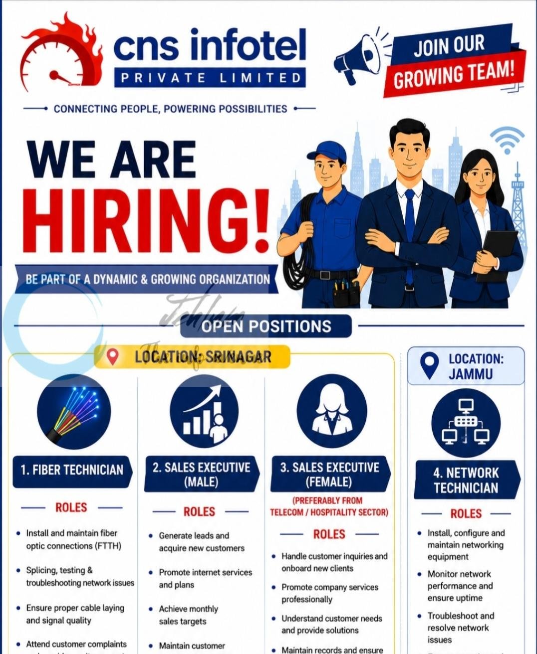 CNS Infotel Private Limited Srinagar Fiber Technician/ Sales Executive/ Network Technician Jobs Openings 2026