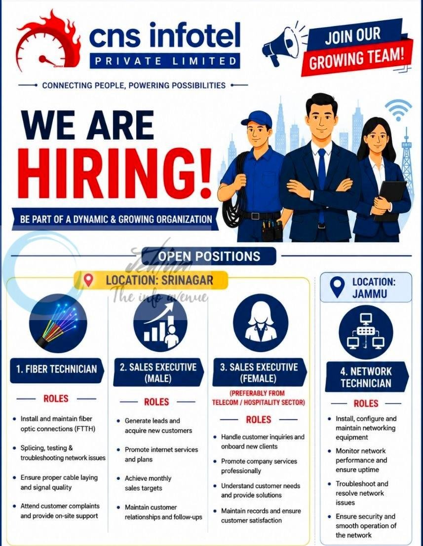 CNS Infotel Private Limited Srinagar Fiber Technician Sales Executive job opportunities 2026