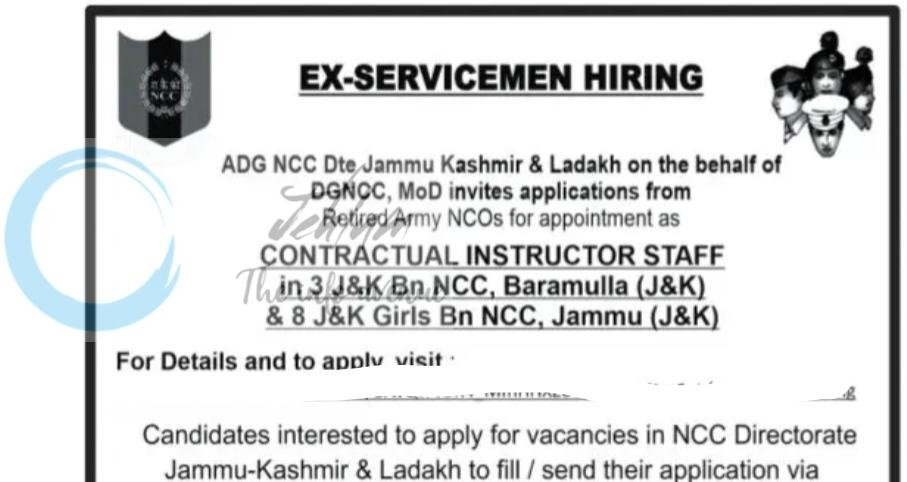 NCC Directorate Jammu Kashmir and Ladakh NCC JKandL Jammu Contractual Instructor Staff job opportunities 2026