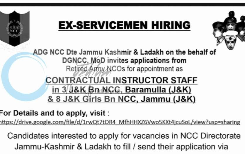 DGNCC NCC Directorate Jammu Kashmir Ex-Serviceman Instructor Contractual Hiring Advertisement 2026