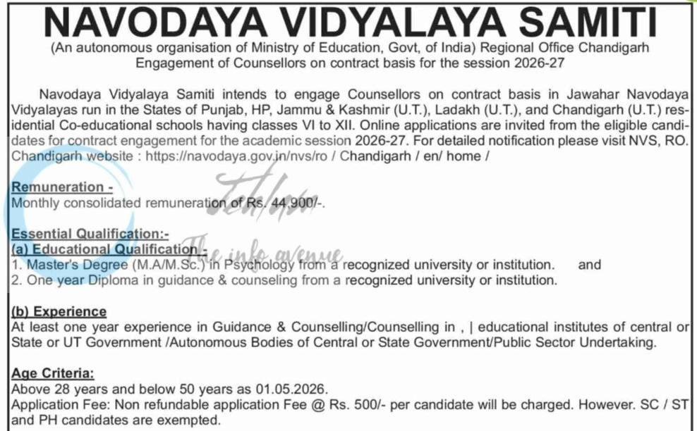 Navodaya Vidyalaya Samiti NVS Counsellor Contract Recruitment Advertisement 2026
