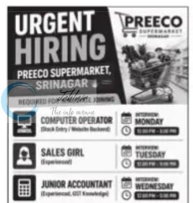 Preeco Supermarket Srinagar Computer Operator Sales Girl Junior Accountant job opportunities 2026