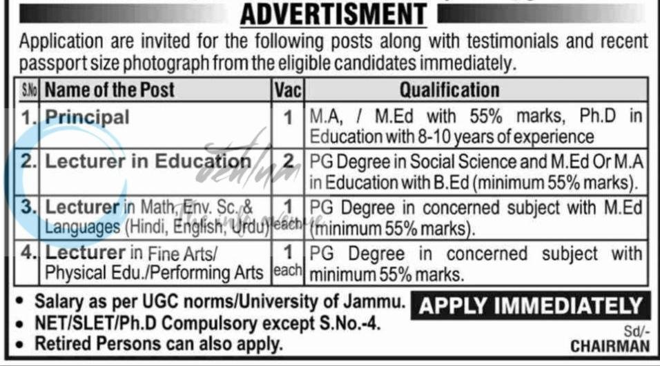 Kawa College of Education Jammu Principal Lecturer job opportunities 2026