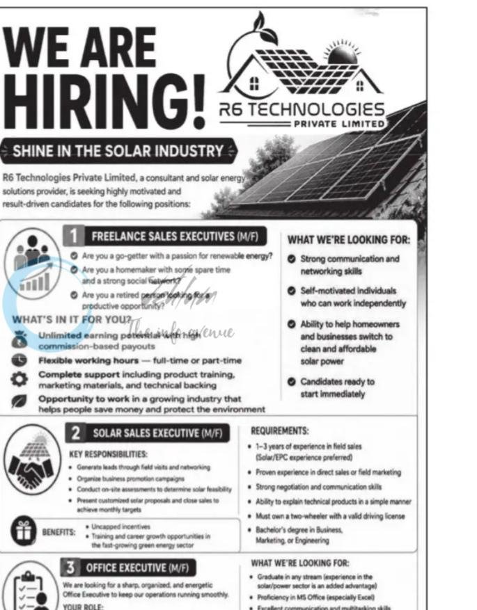 R6 Technologies Private Limited Freelance Sales Executives Solar Sales Executive Office Executive job opportunities 2026