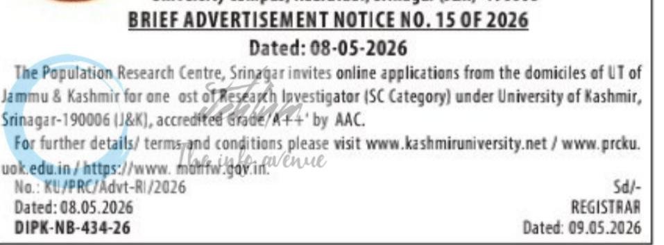 Kashmir university ku  population research Center PRC Research Investigator job opportunities notice 15 OF 2026