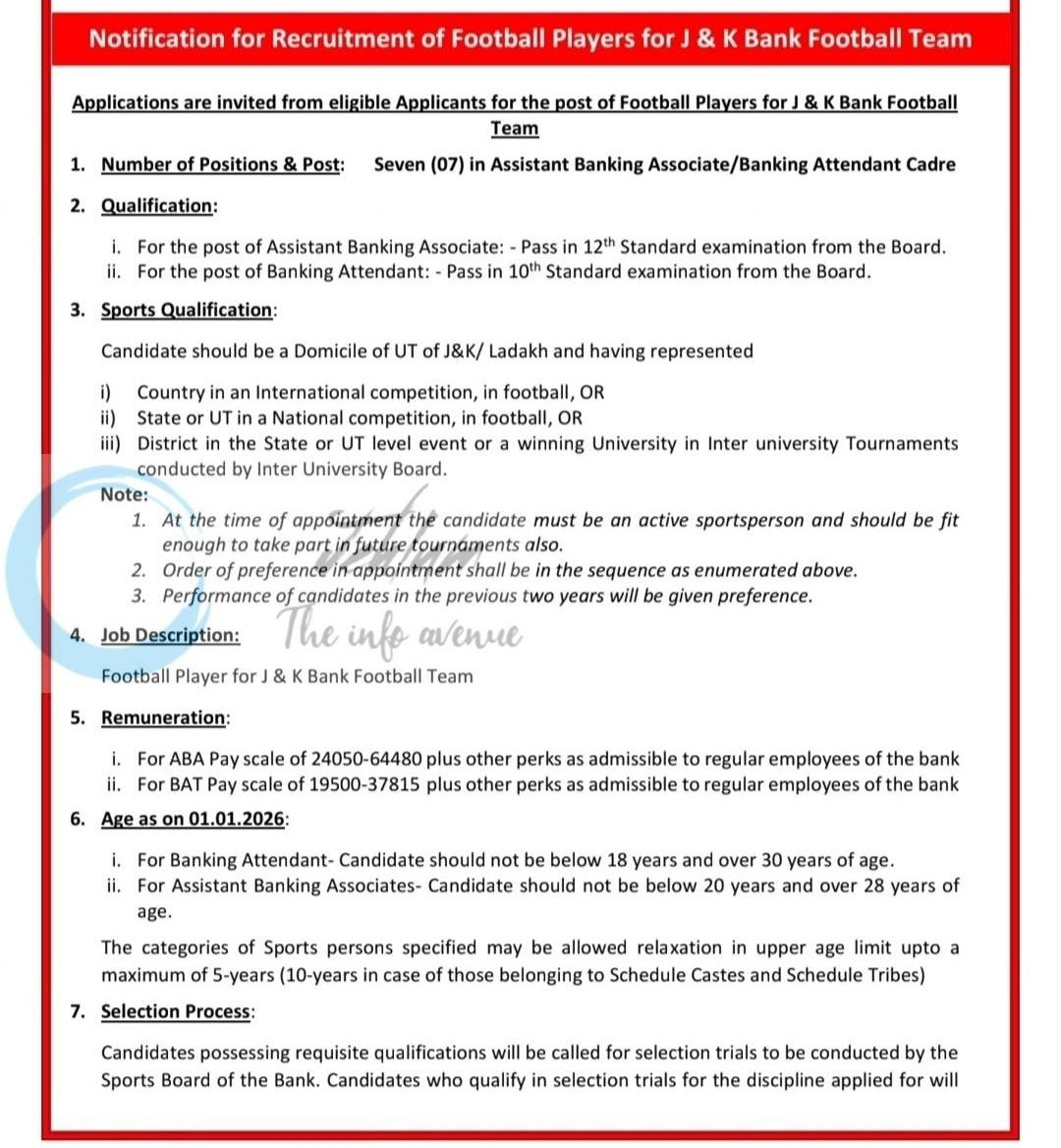 Jammu and Kashmir Bank JKB Football Player Assistant Banking Associate/ Banking Attendant Recruitment Notification No JKBHRRectt2026-228