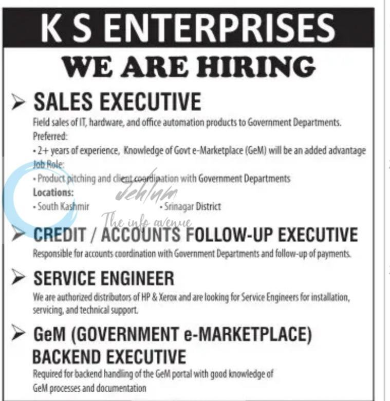 K S ENTERPRISES KS srinagar Sales Executive Credit Service Engineer job opportunities 2026