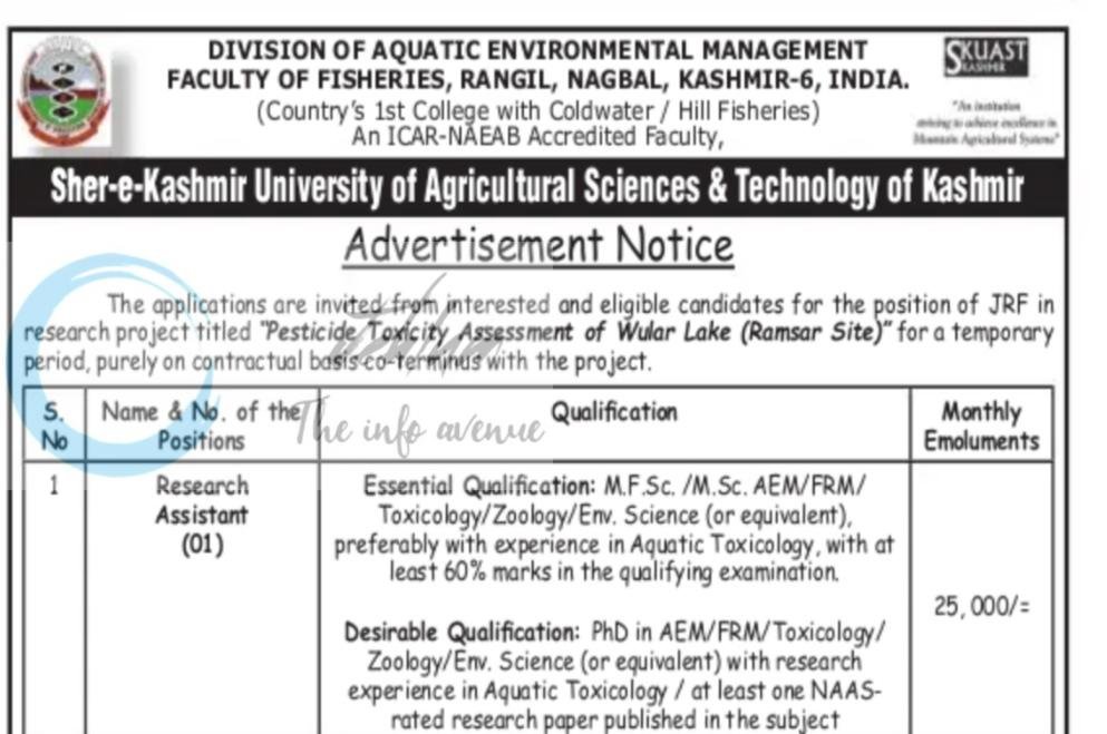 SKUAST-K Faculty of Fisheries Research Assistant job opportunities 2026