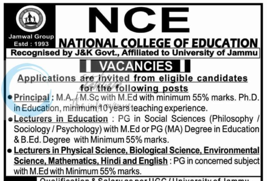 National College of Education NCE Jammu Principal/ Lecturer Jobs Recruitment 2026
