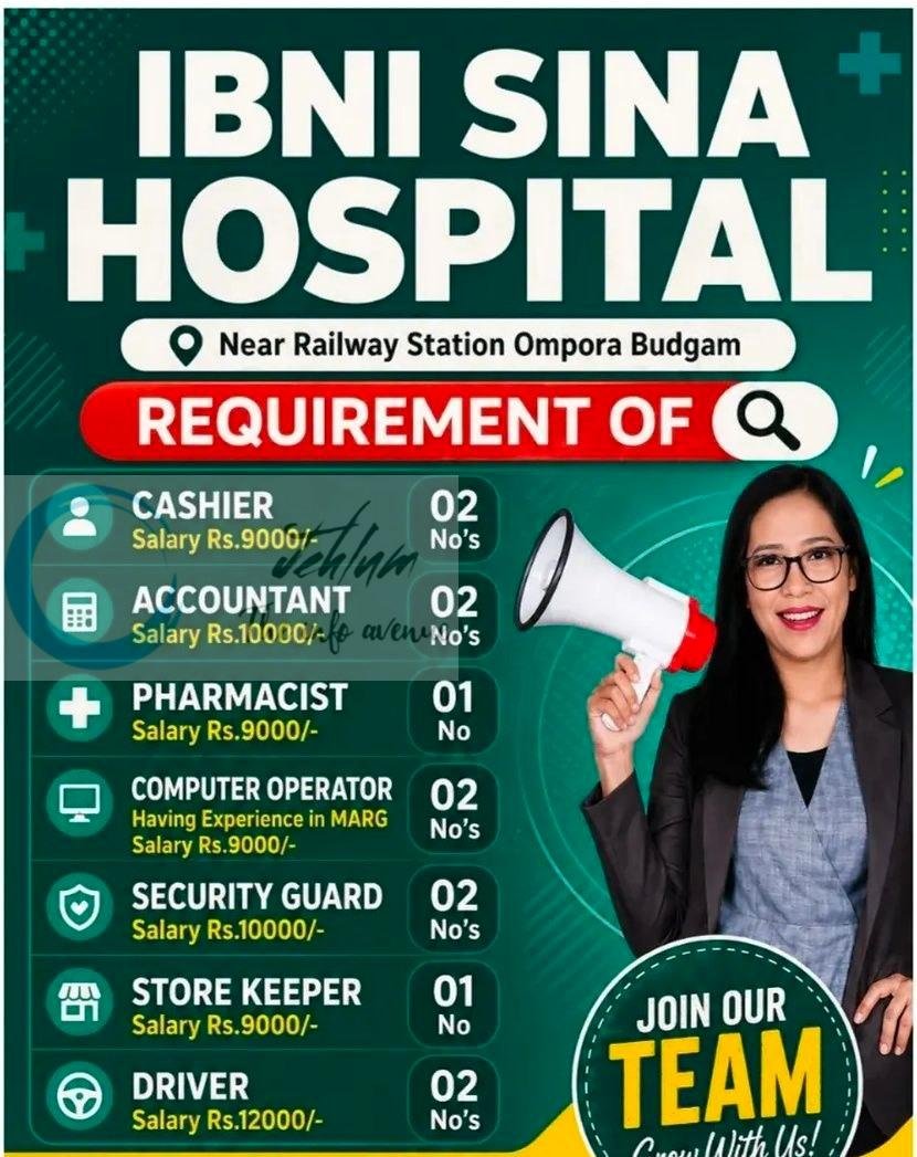 Ibni Sina Hospital Budgam Cashier/Accountant/Pharmacist job opportunities 2026
