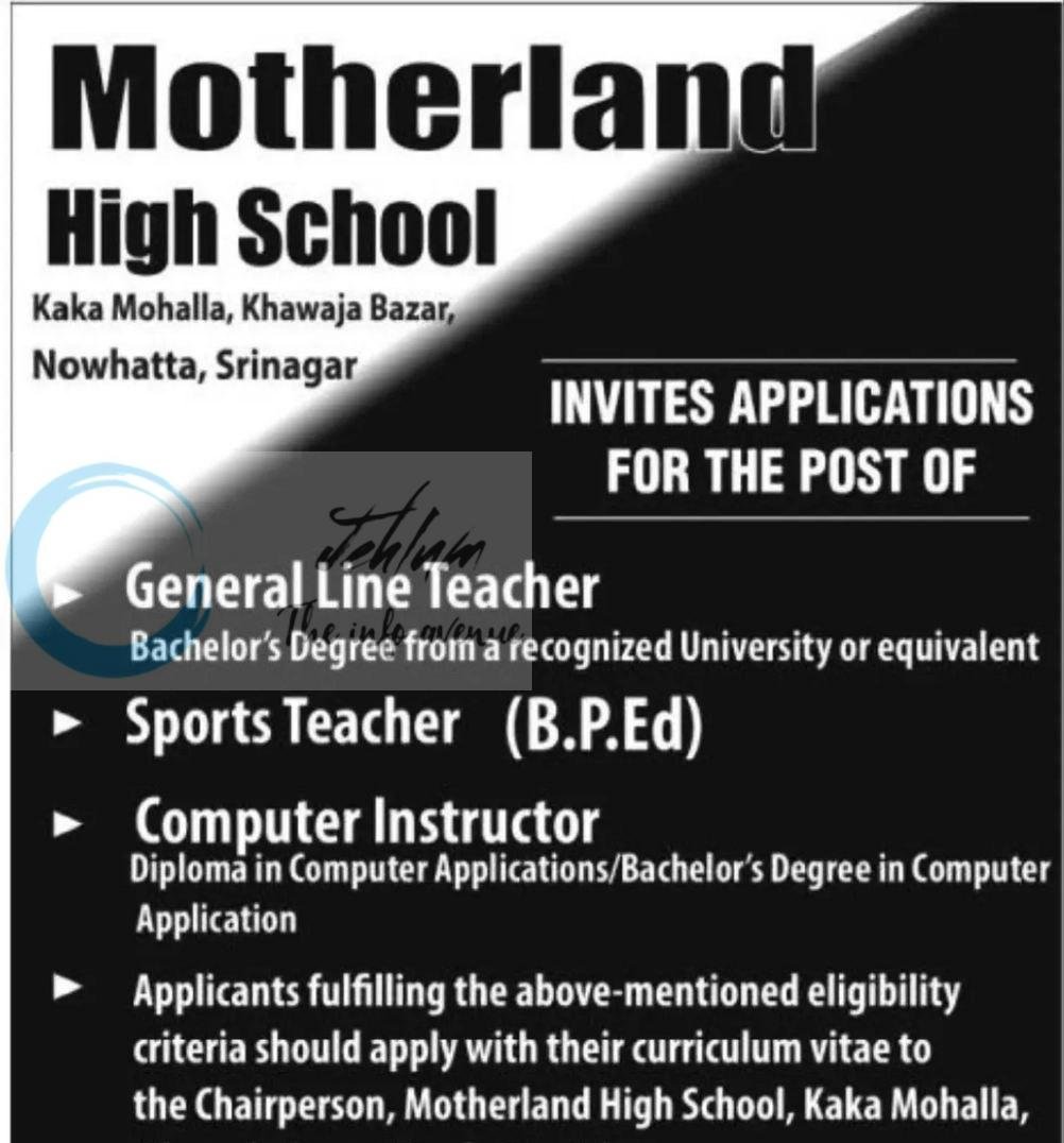 Motherland High School Srinagar teaching job opportunities 2026