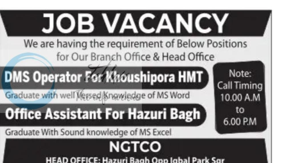 NGTCO Hazuri Bagh Srinagar DMS Operator/Office Assistant job opportunities 2026