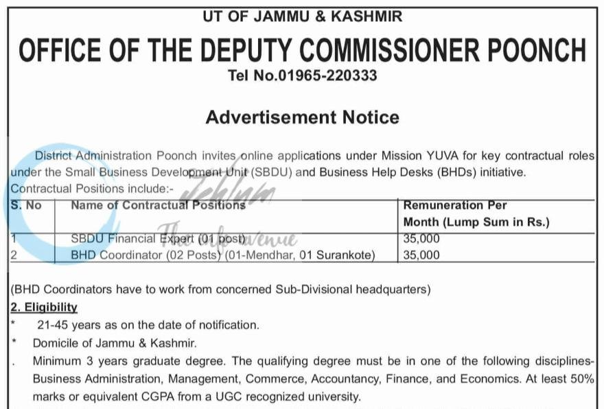 District Administration Poonch Mission YUVA SBDU Financial Expert/ BHD Coordinator Recruitment Notification DIPJ-1895 2026