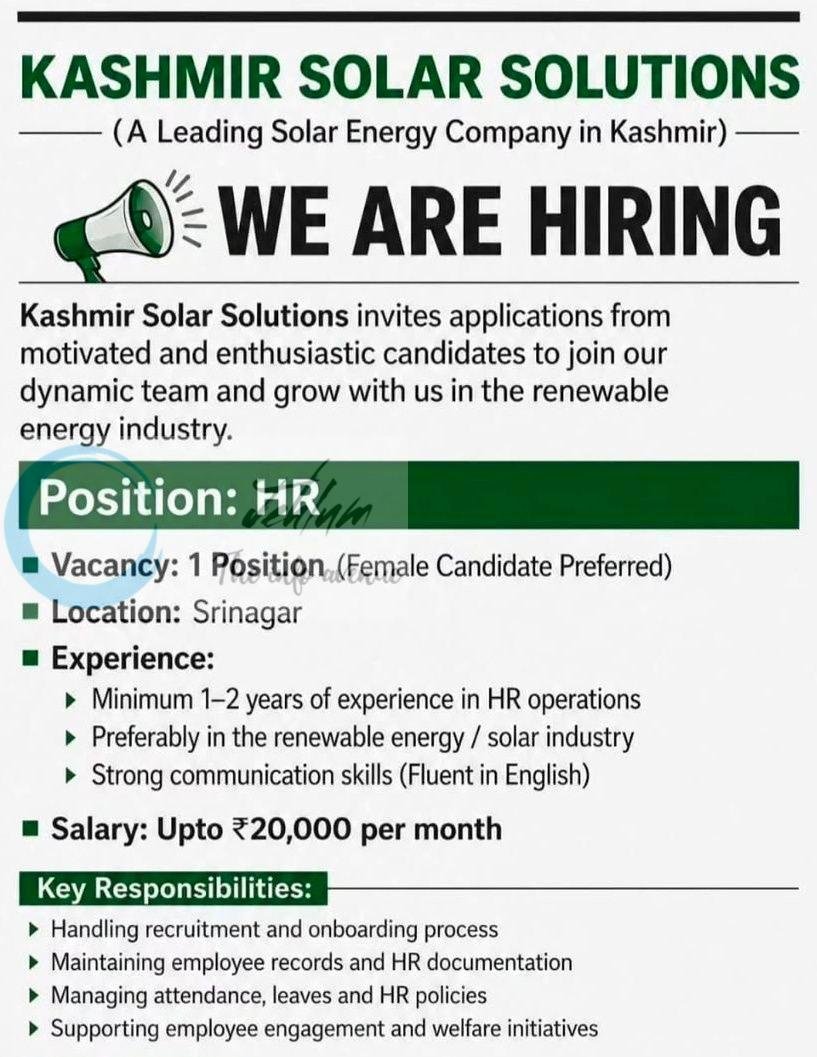 Kashmir Solar Solutions KSS Srinagar HR job opportunities 2026