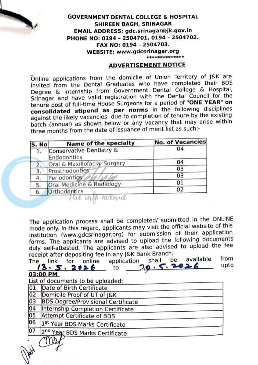 Government Dental College and Hospital GDCH Srinagar faculty job opportunities notice GDC/Estt/Notification/HJ/File-2026/e-file-85/2022-02/3898-3910