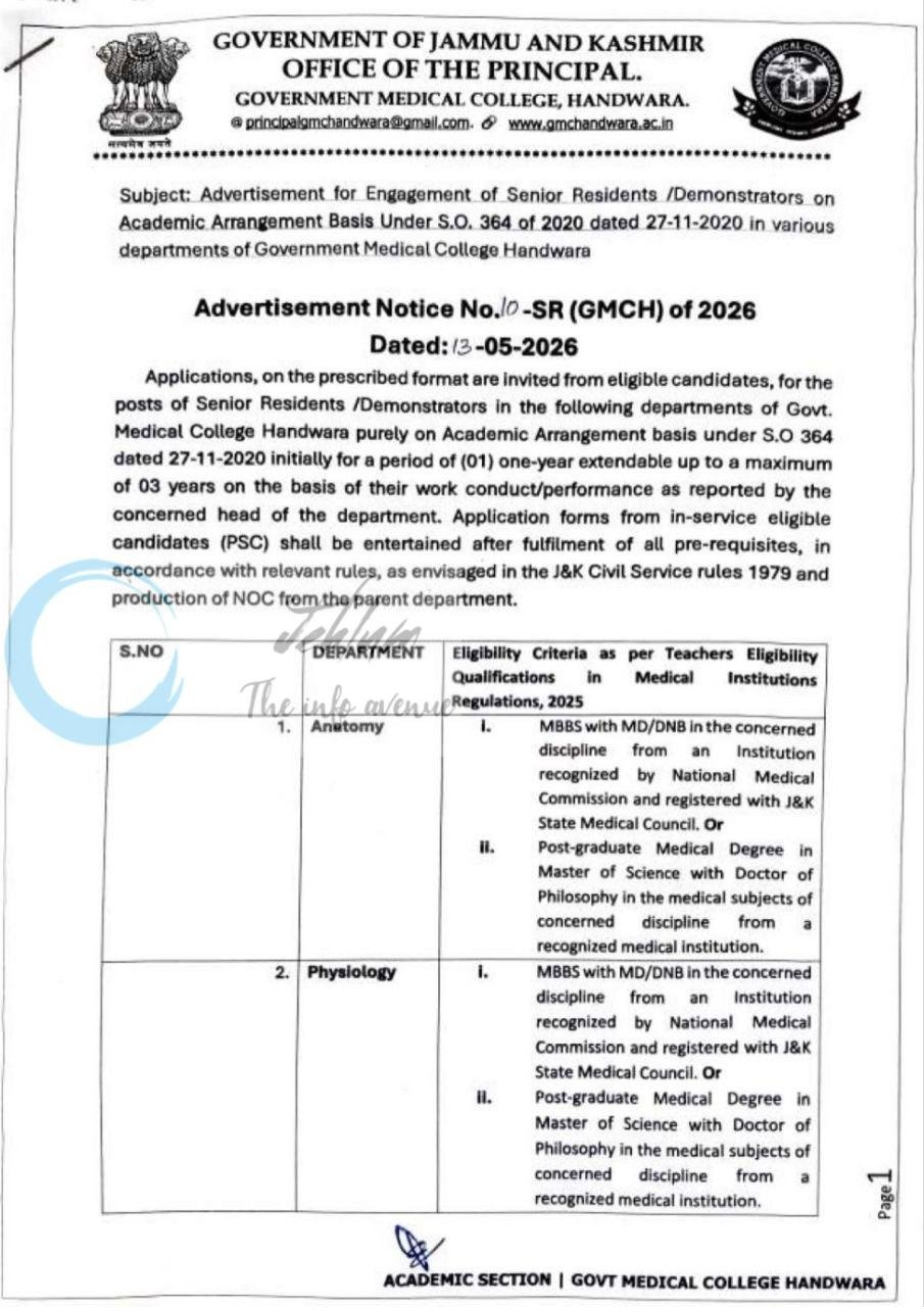 Government Medical College GMCH Academic Section Handwara Senior Residents Demonstrators job opportunities 10-SR/GMCH of 2026