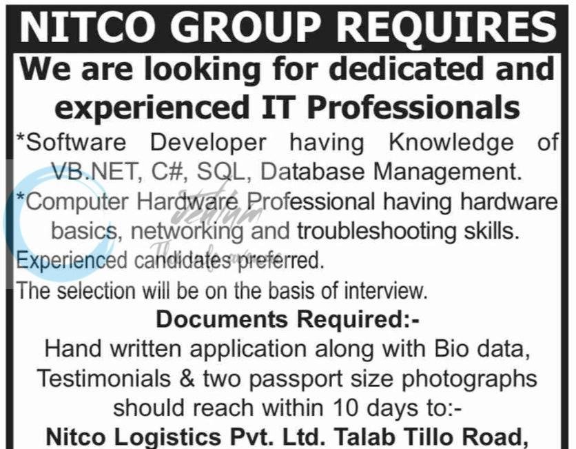 Nitco Group Logistics Pvt Ltd Jammu Software Developer/Computer Hardware Professional job opportunities 2026