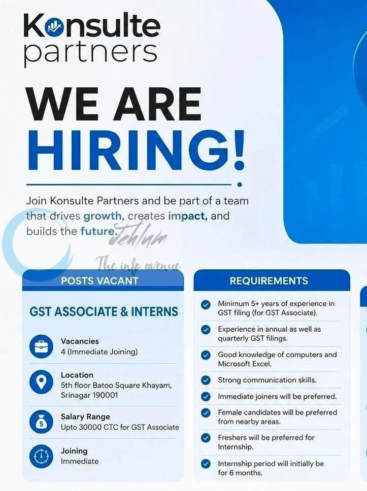 Konsulte Partners Srinagar GST Associate/Interns job opportunities 2026
