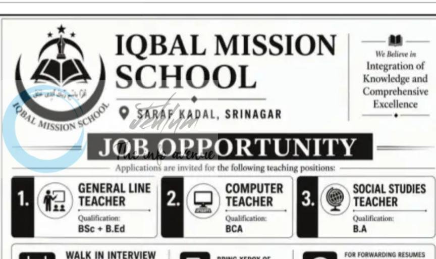 Iqbal Mission School Srinagar teaching job opportunities 2026