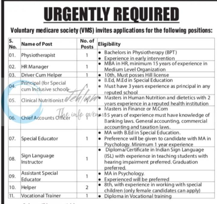 Voluntary Medicare Society VMS Srinagar faculty job opportunities 2026