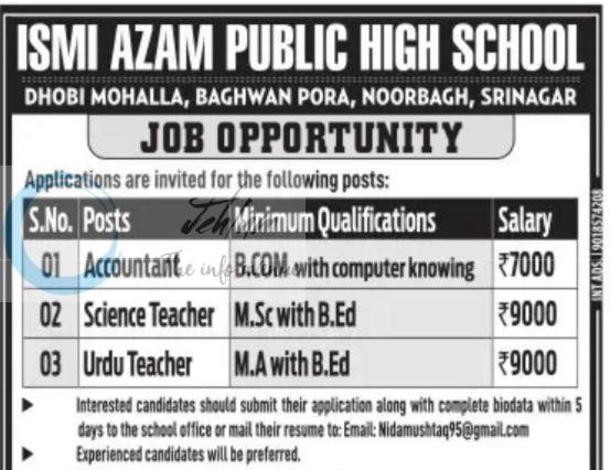 ISMI AZAM PUBLIC HIGH SCHOOL SRINAGAR teaching job opportunities 2026