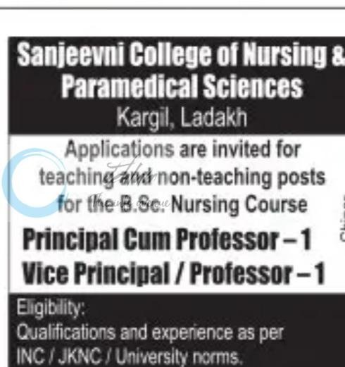 Sanjeevni College of Nursing and Paramedical Sciences Kargil principal/vice principal job opportunities 2026