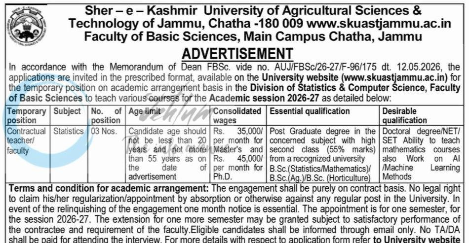 SKUAST-Jammu Division of Statistics and Computer Science Contractual teacher faculty job opportunities AUJ/STAT/26-27/F-33/84-86