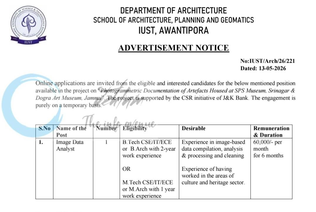 Islamic University of Science and Technology IUST Awantipora Image Data Analyst Project Recruitment Notification No IUST/Arch/26/221