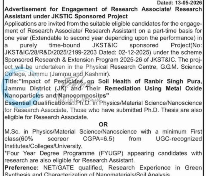 Govt Gandhi Memorial GGM Science College Jammu Research Associate / Research Assistant job opportunities notice 2026