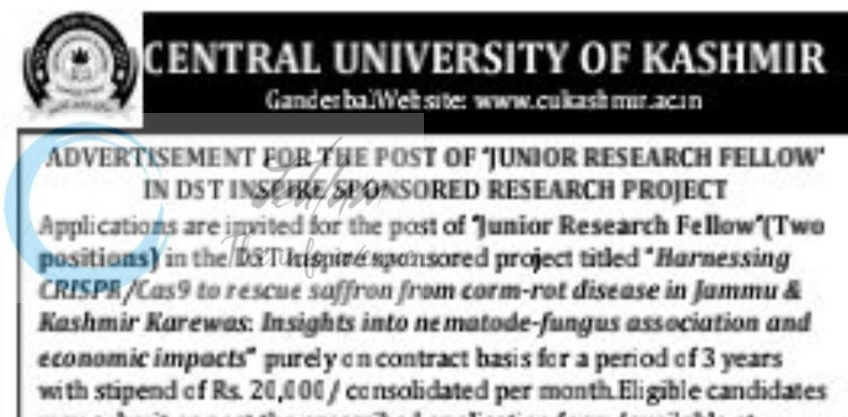 Central university of kashmir cuk Ganderbal DST INSPIRE jrf employment opportunities 2026