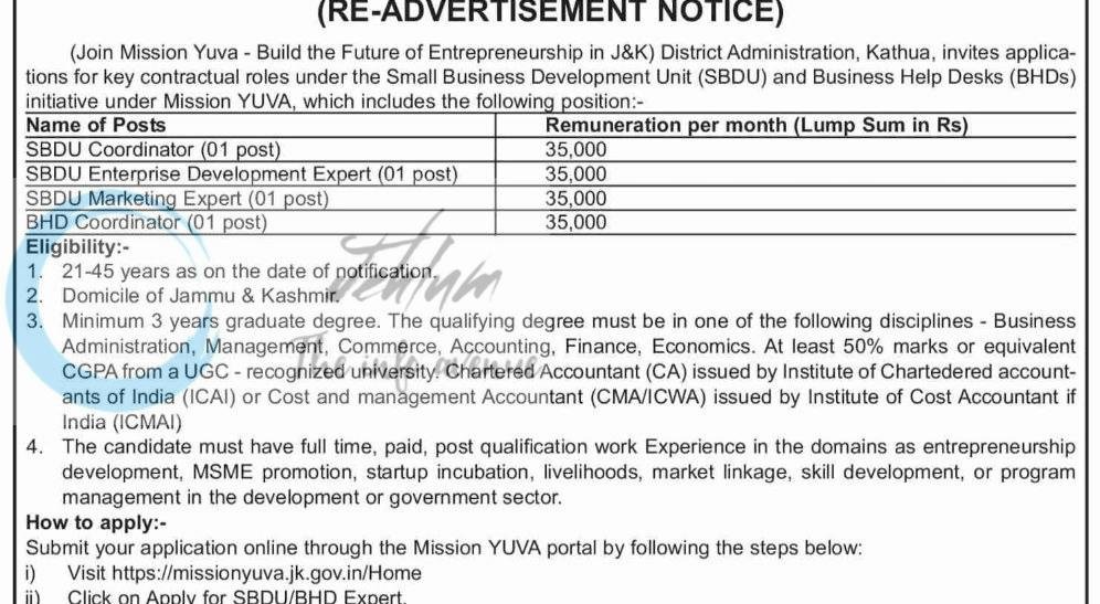 Deputy Commissioner Kathua Mission YUVA contractual Employement opportunities 2026
