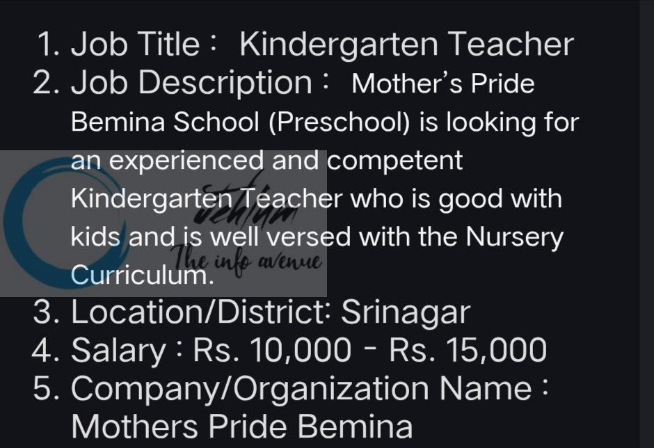 Mothers Pride School Bemina Srinagar Kindergarten Teacher Jobs Openings 2026