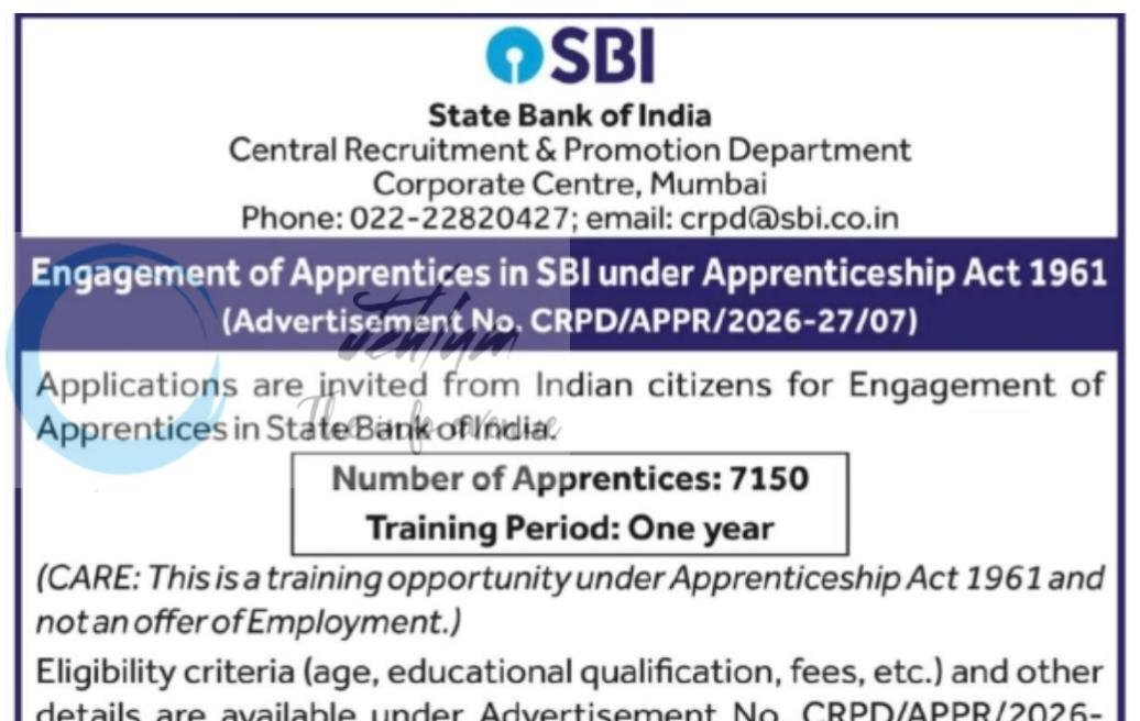 State Bank of India SBI Apprentice Vacancies Recruitment Notification No CRPD/APPR/2026-27/07