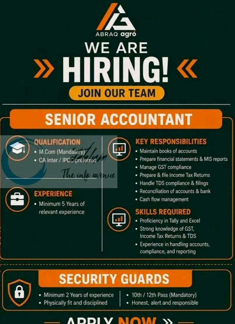 Abraq Agro Pulwama Senior Accountant/Security Guards job opportunities 2026