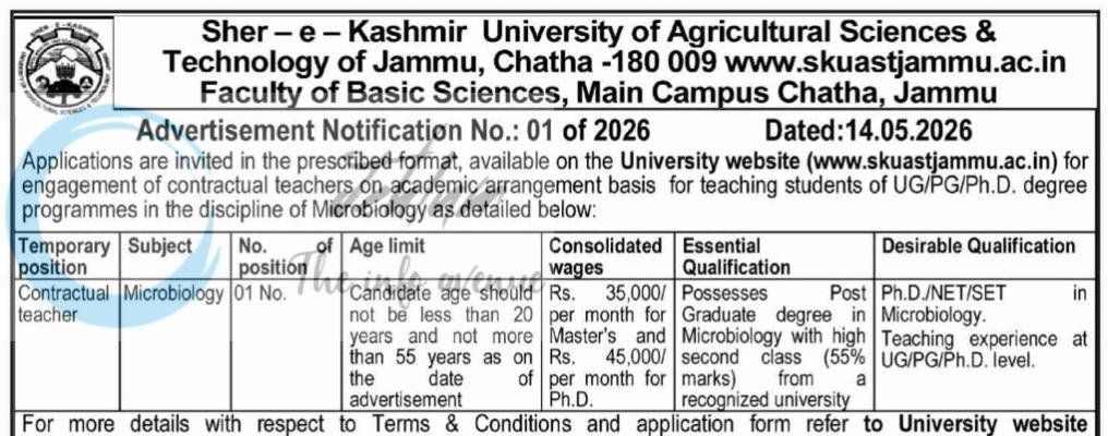SKUAST Jammu Contractual Teacher Microbiology Recruitment Notification No 01 of 2026