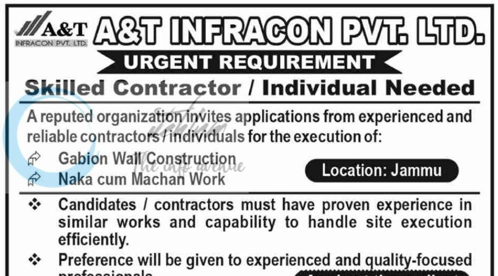A and T Infracon Pvt Ltd Jammu Skilled Contractor job opportunities 2026